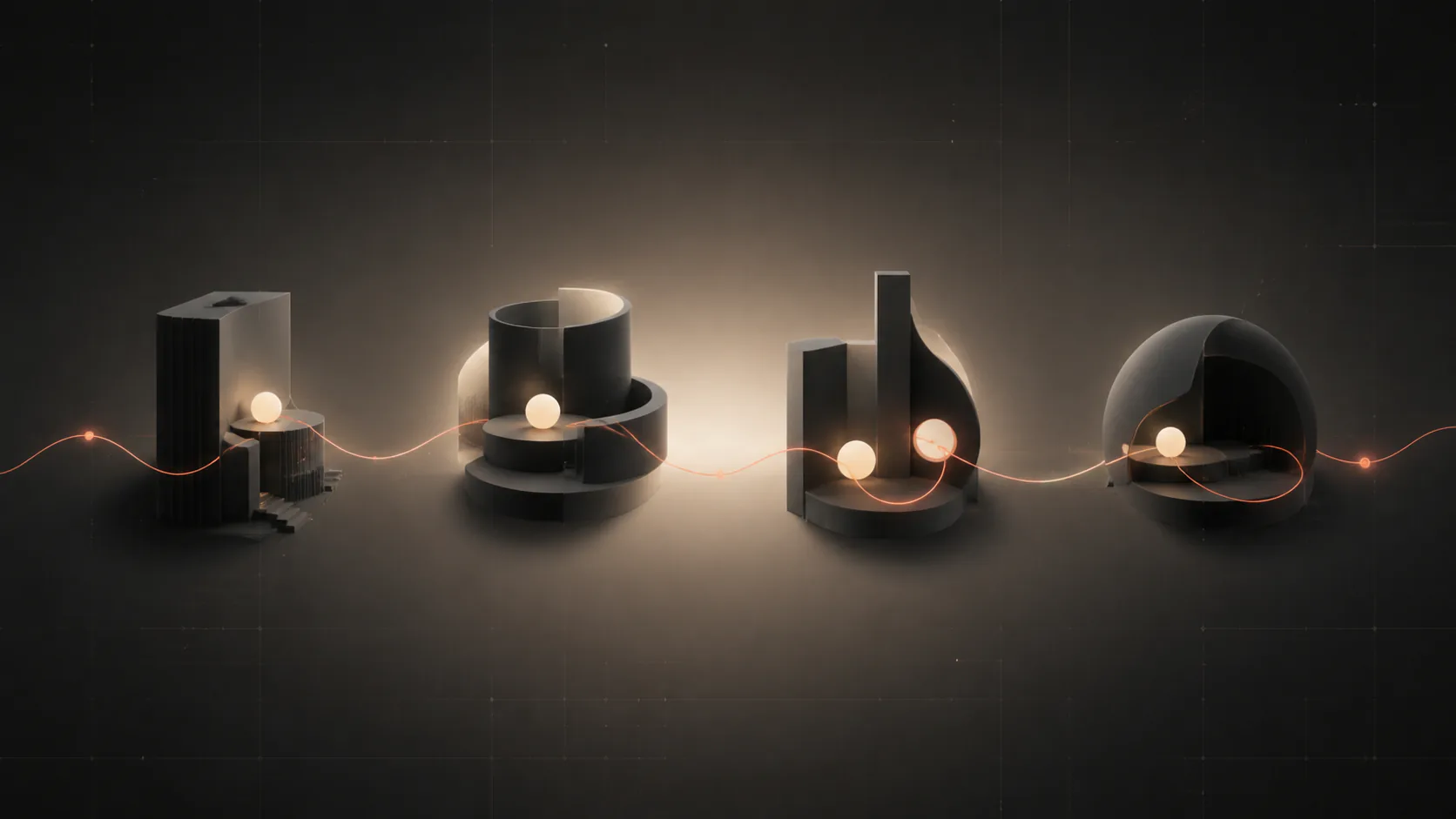 Four distinct architectural forms, each holding a light, linked by one continuous thread