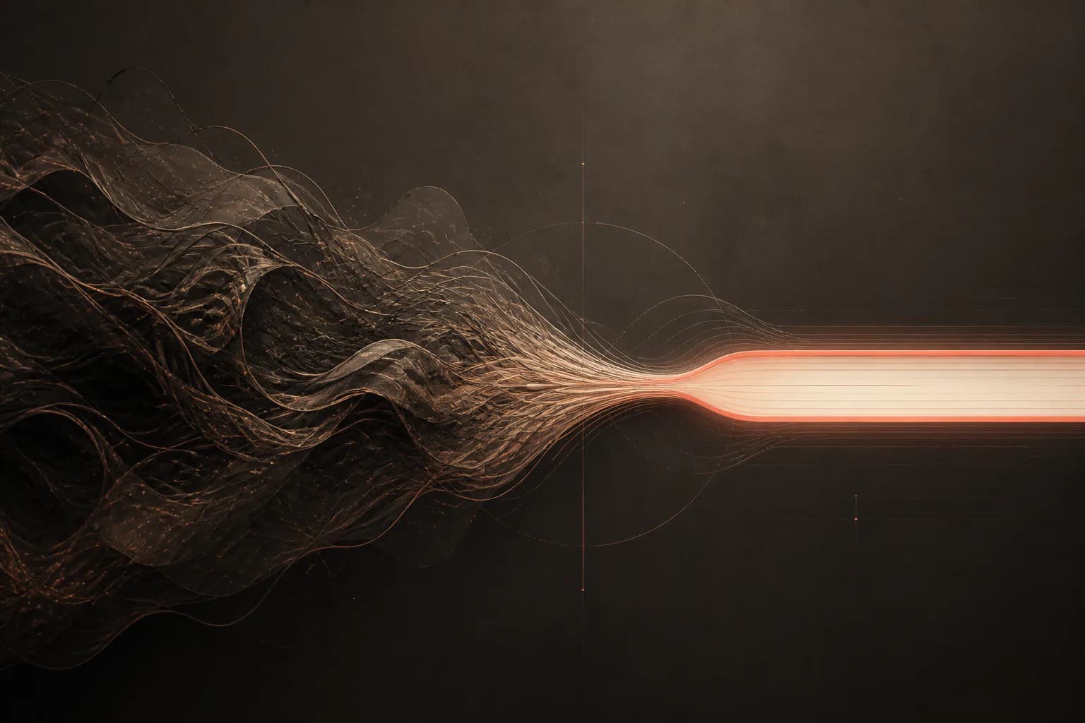 A dense tangle of threads resolving into one clean, bright line
