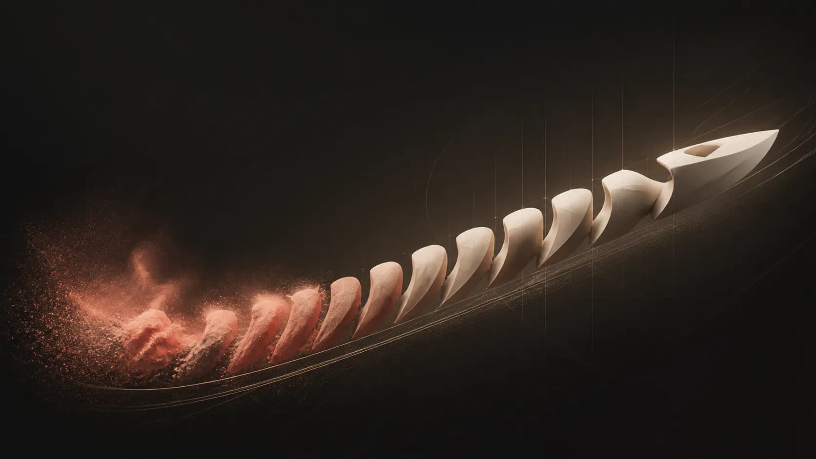 Coral dust condensing step by step into a finished, carved white form