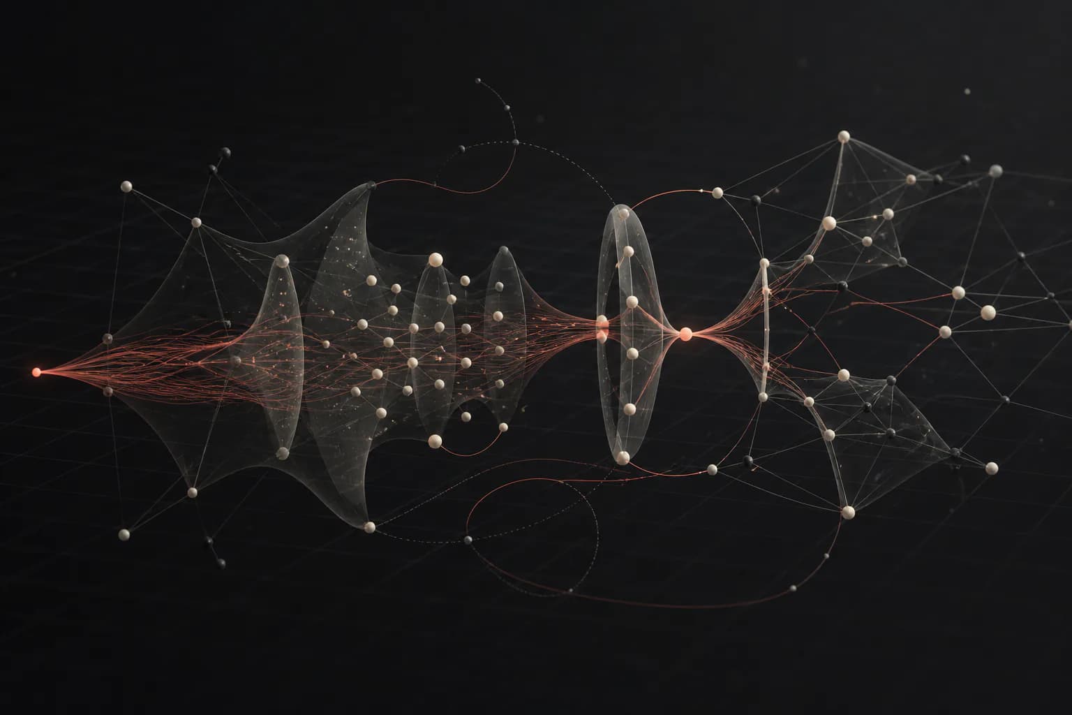 A signal fanning out through layered nodes and lenses, converging to a single bright point
