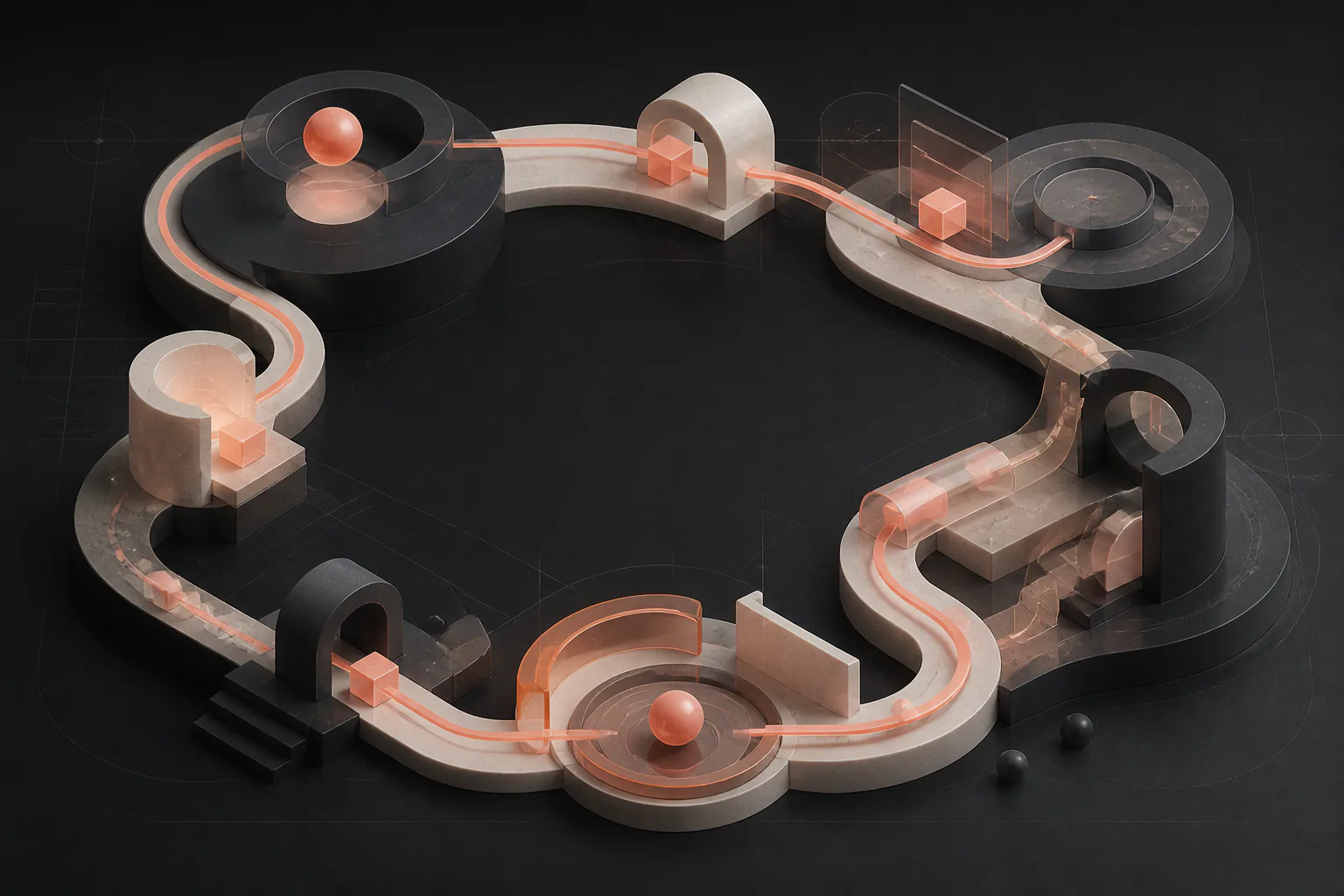 A closed isometric track carrying coral-lit forms through a continuous loop