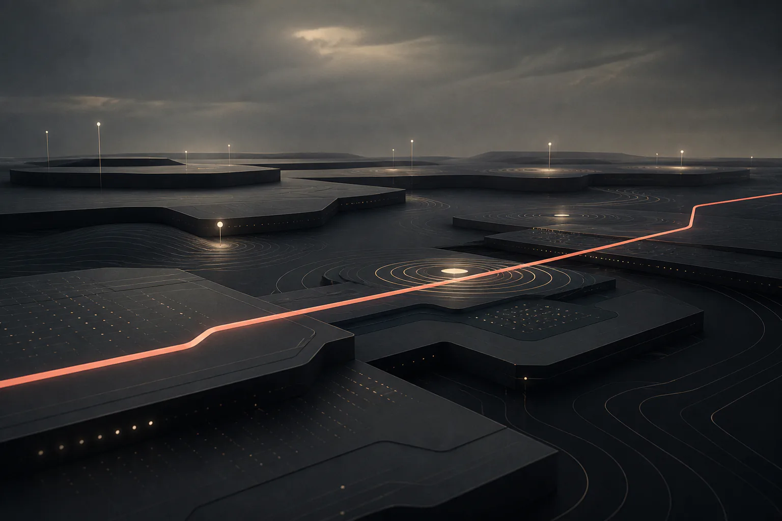 A dark infrastructure landscape with a single coral line running unbroken across it