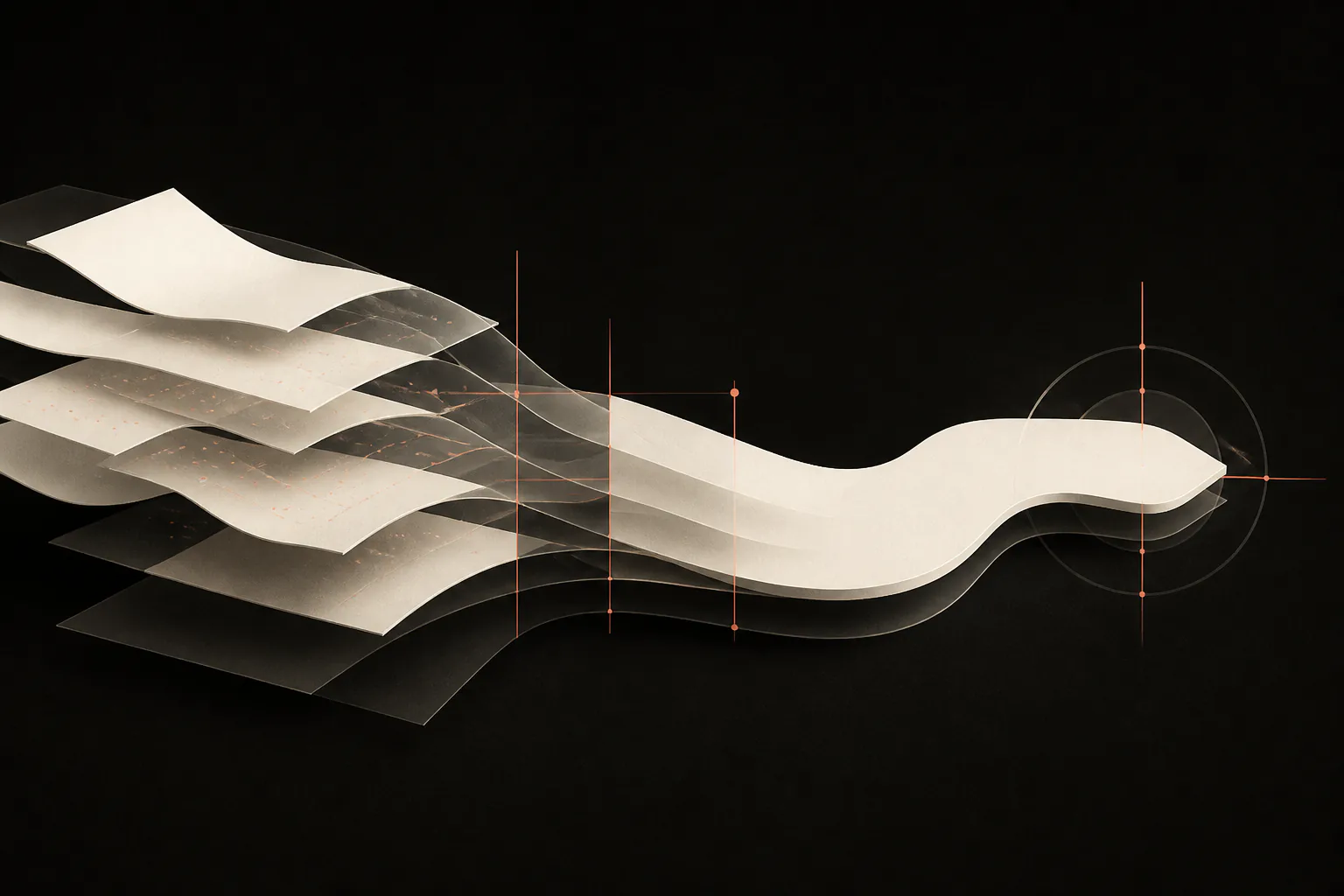 Layered sheets resolving into one smooth ribbon against registration marks