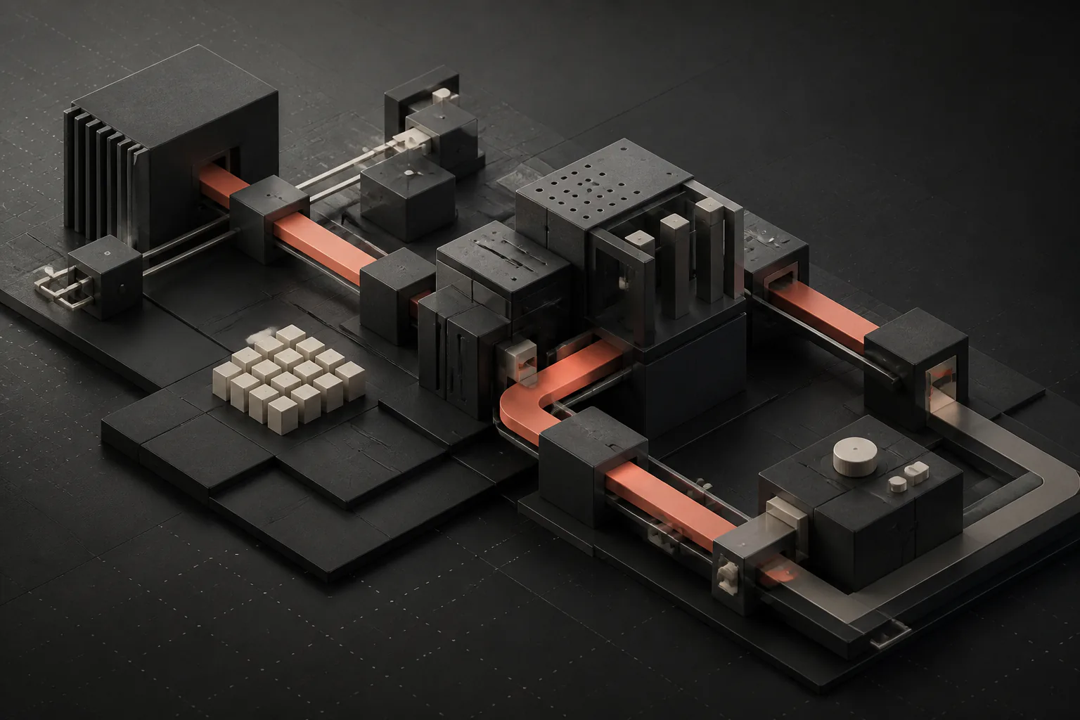 An isometric machine floor with coral conveyor lines running between dark modules