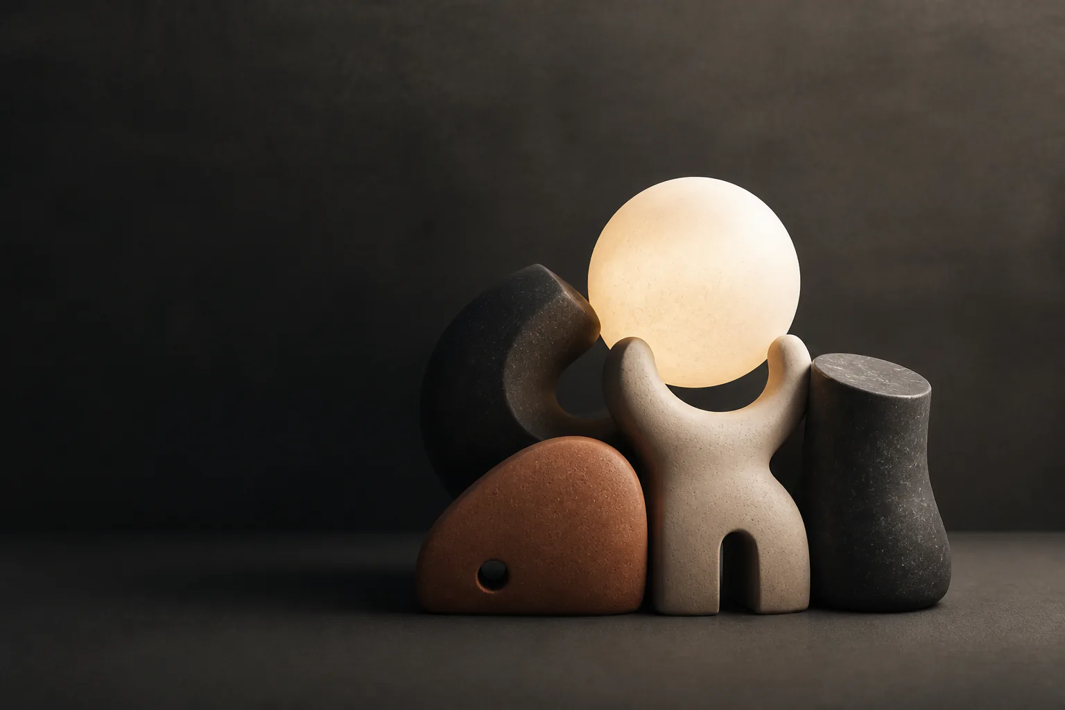 A small carved figure holding a glowing sphere above its head, braced by other forms